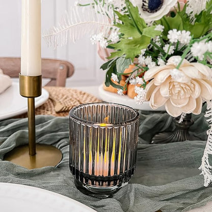 Kate Aspen Ribbed Glass Candle Holder Set - 6 Smoke Gray Tealight Holders for Home, Kitchen, Room or Living Room Decor - Vintage Tea Light Votive Accent for Table or Shelf Styling