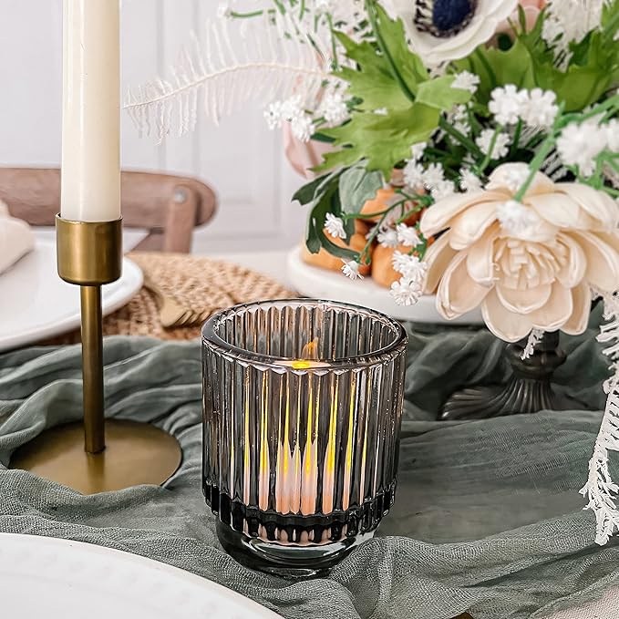 Kate Aspen Ribbed Glass Candle Holder Set - 6 Smoke Gray Tealight Holders for Home, Kitchen, Room or Living Room Decor - Vintage Tea Light Votive Accent for Table or Shelf Styling (Pack of 6)