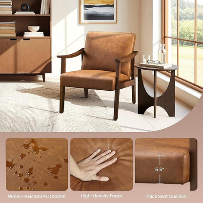 Yaheetech PU Leather Accent Chair, Mid-Century Modern Armchair with Solid Wood Legs, Reading Leisure Chair with High Back for Living Room Bedroom Waiting Room, Set of 2, Brown