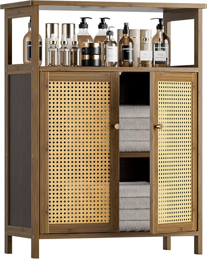 HITNET Rattan Bathroom Floor Cabinet, Freestanding Bamboo Storage Cupboard with 2 Doors, Living Room Sideboard, Space Saving, Walnut