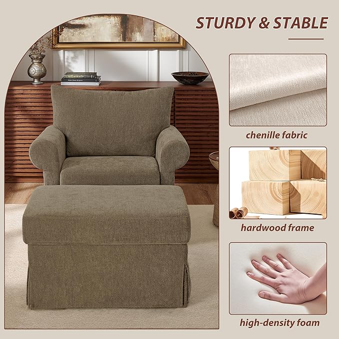 Modern Accent Chairs with Ottoman Set, Comfy Chenille Reading Armchair with Rolled Arms and Cushion Backrest, 35.8" W Chaise Lounge Chair for Living Room, Bedroom, Study, Apartment, Brown