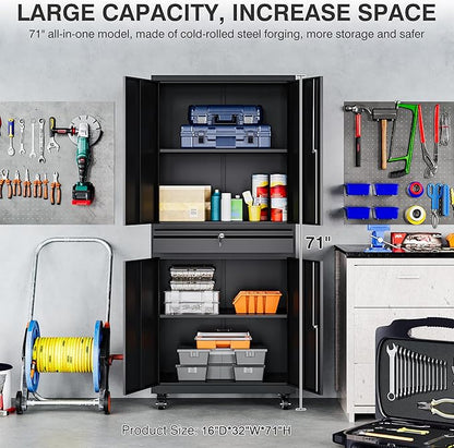 Metal Garage Storage Cabinet with Wheels and Drawer,73" Tall Black Rolling Garage Cabinet with Locking Doors and Adjustable Shelves,Mobile Metal Storage Cabinets on Wheels for Home,Office,Garages,Tool