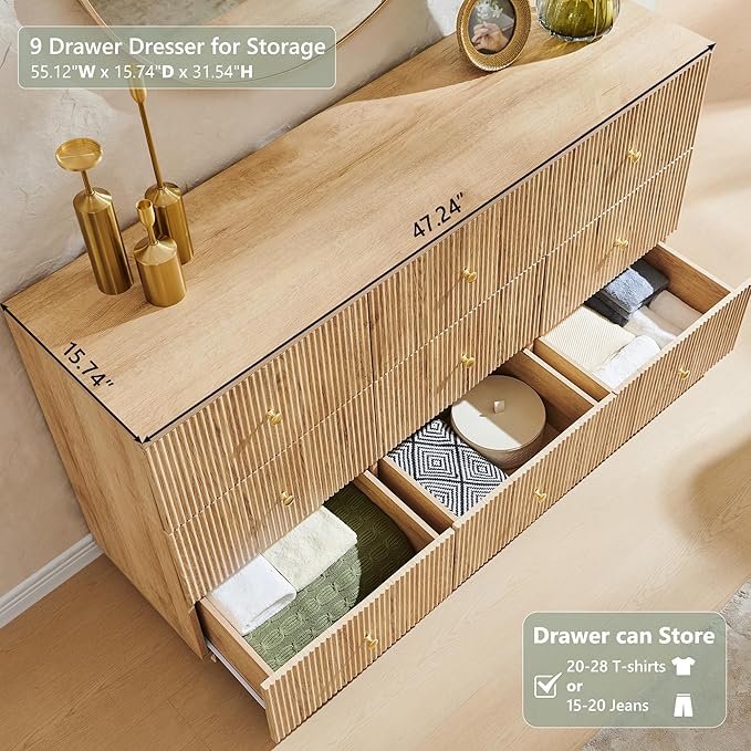 Fluted Dresser for Bedroom, 55" W 9 Drawer Dressers, Wood Tall Dresser Storage Organizer, Modern Bedroom Chest of Drawers with Deep Storage for Closet Hallway, Entryway, Living Room Natural