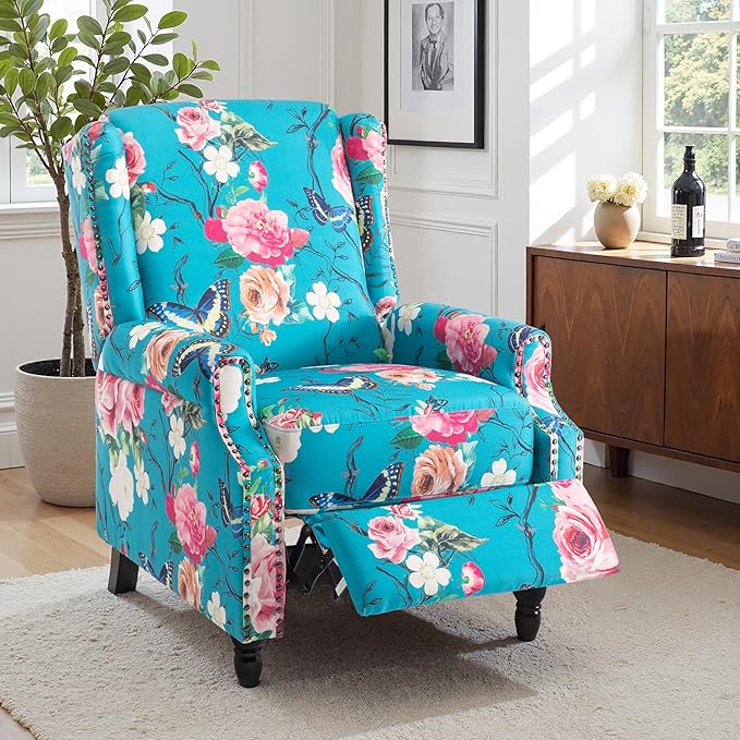 Pushback Recliner Chair Set of 2, Floral Fabric Wingback Recliner Chair, Upholstered Armchair Push Back Recliner, Rivet Trim Single Sofa Accent Chair with Wood Legs for Living Room, Peacock Blue