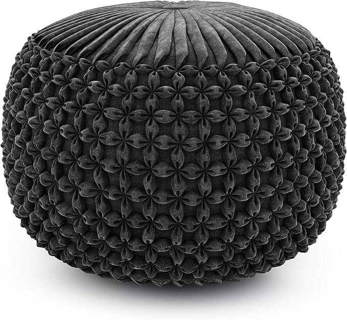 SIMPLIHOME Renee Boho Round Pouf in Slate Grey Velvet Fabric for the Living Room, Bedroom and Kids Room