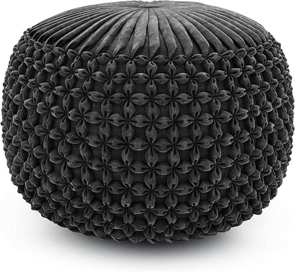 SIMPLIHOME Renee Boho Round Pouf in Slate Grey Velvet Fabric for the Living Room, Bedroom and Kids Room
