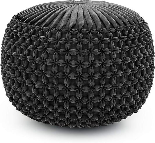 SIMPLIHOME Renee Boho Round Pouf in Slate Grey Velvet Fabric for the Living Room, Bedroom and Kids Room