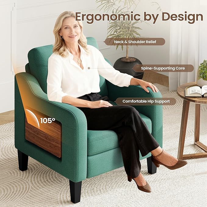 Accent Chair for Living Room Modern Linen Upholstered Armchair Side Wooden Fabric Sofa Chair with Foldable Table 2 Side Pockets Comfy Reading Chair for Bedroom