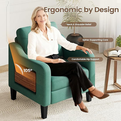 Accent Chair for Living Room Modern Linen Upholstered Armchair Side Wooden Fabric Sofa Chair with Foldable Table 2 Side Pockets Comfy Reading Chair for Bedroom