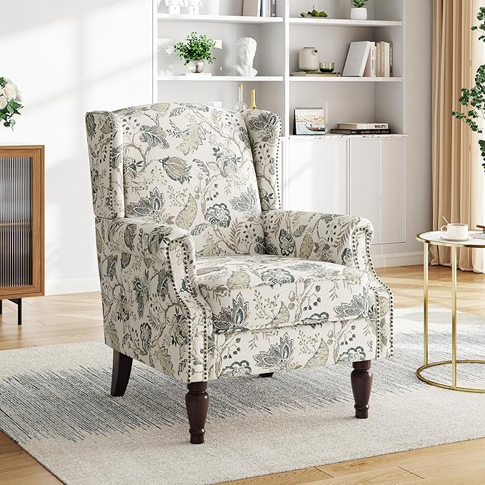 Pia Ricco Set of 2 Floral Accent Chairs, High Back Upholstered Armchairs with Retro Wingback Design, Nailhead Trim & Solid Wood Legs for Living Room Bedroom(Plants Beige)
