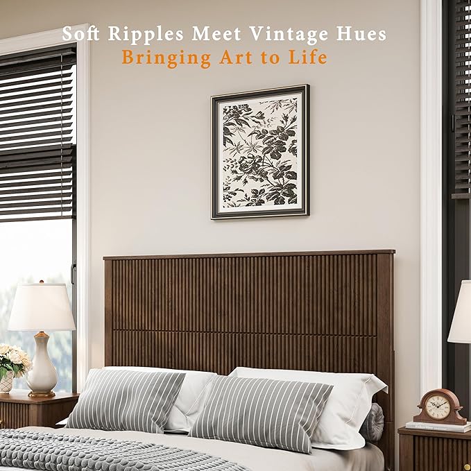 Queen Size Solid Wood Platform Bed Frame, Solid Wood Bed with 63.58" Headboard, Solid Wood Leg/No Box Spring Needed/Noise Free/Brown