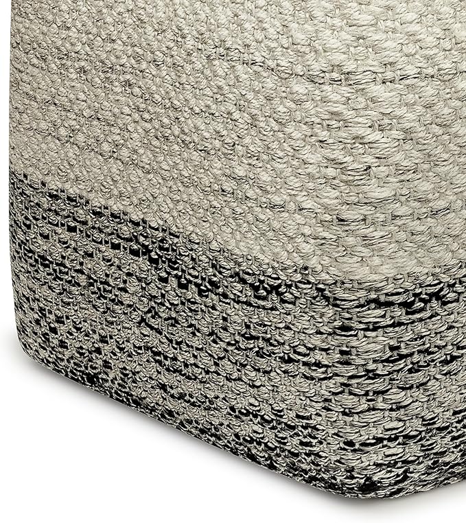 SIMPLIHOME Macie Boho Square Woven Outdoor/ Indoor Pouf in Grey and White Recycled PET Polyester for the Living Room, Bedroom and Kids Room