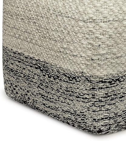 SIMPLIHOME Macie Boho Square Woven Outdoor/ Indoor Pouf in Grey and White Recycled PET Polyester for the Living Room, Bedroom and Kids Room