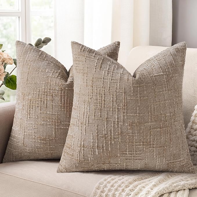 decorUhome Oatmeal Chenille Throw Pillow Covers 26x26 Set of 2 Thick Textured Slubby Couch Pillow Covers Farmhouse Accent Modern Neutral Decorative Pillow Cases for Bed Sofa Living Room