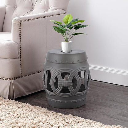 JONATHAN Y TBL1022F Lucky Coins 16" Chinese Ceramic Drum Indoor/Outdoor Garden Stool Bohemian, Coastal, Cottage, French Country, Traditional, for Living Room, Garden Room, Patio, Matte Gray