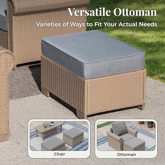 Patio Furniture Set 8 pcs, Wicker Outdoor Patio Furniture, 3-Seat Sofa, 4 Single Chairs, 2 Ottomans and 56" Gas Fire Pit Table, Rattan Patio Conversation Set for Backyard Deck, Grey