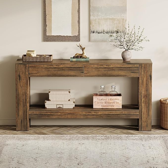 Tribesigns 63-Inch Console Table with 2 Drawers, 2-Tier Wooden Sofa Table Behind Couch, Farmhouse Entryway Console with Storage Shelf for Living Room, Entrance, Hallway (Dark Brown)