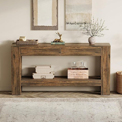 Tribesigns 63-Inch Console Table with 2 Drawers, 2-Tier Wooden Sofa Table Behind Couch, Farmhouse Entryway Console with Storage Shelf for Living Room, Entrance, Hallway (Dark Brown)