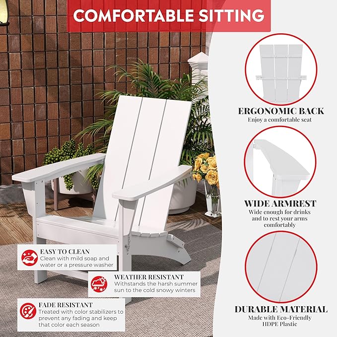 Costaelm Folding Adirondack Chairs, Outdoor Patio Adjustable Lawn Chairs, Weather Resistant Outside Firepit Chairs for Porch, Poolside, Garden, Backyard Deck, White