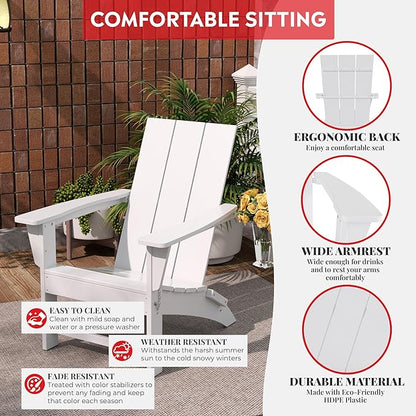 Costaelm Folding Adirondack Chairs, Outdoor Patio Adjustable Lawn Chairs, Weather Resistant Outside Firepit Chairs for Porch, Poolside, Garden, Backyard Deck, White