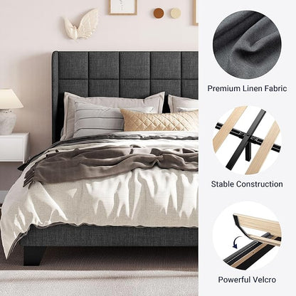 Allewie Queen Size Platform Bed Frame with Wingback, Fabric Upholstered Square Stitched Headboard and Wooden Slats, Mattress Foundation, Box Spring Optional, Easy Assembly, Dark Grey