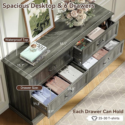 Farmhouse Dresser and Nightstand Sets, 4Pcs Bedroom Furniture Set, Nightstand Set of 2 & 55" Wide 6 Drawer and 44" Tall 5 Drawer Dresser with Large Drawers & Bar Handles, Grey