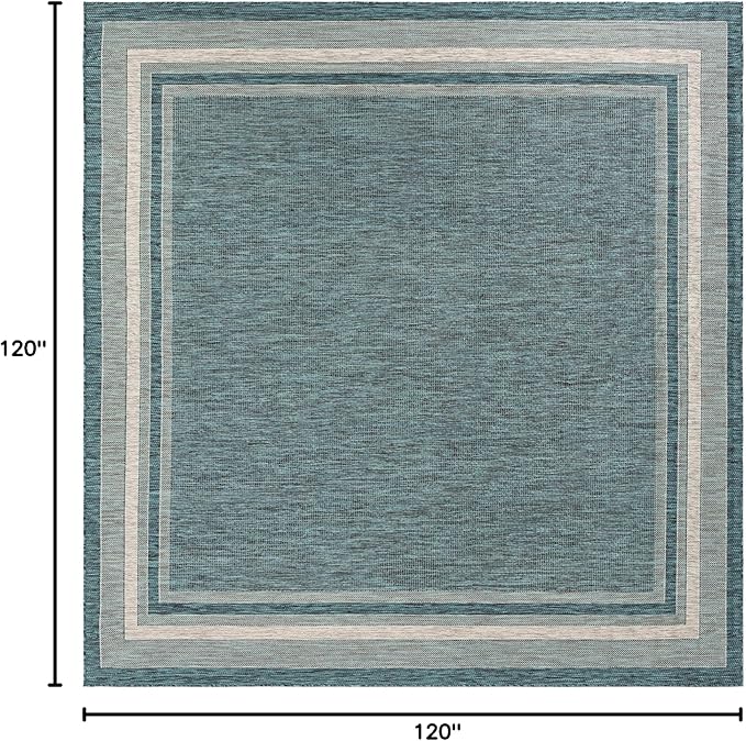Unique Loom Outdoor Border Collection Area Rug - Soft Border (10' Square Teal/Ivory)