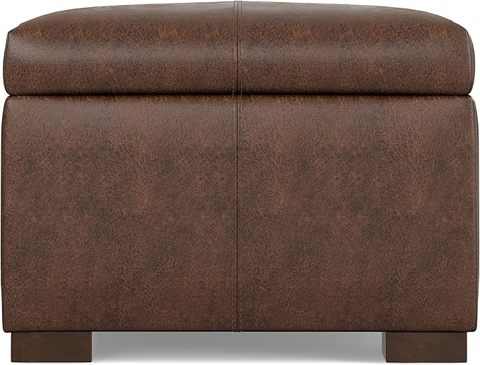 SIMPLIHOME Gabbie 48 inch Wide Contemporary Rectangle Rectangular Storage Ottoman in Distressed Chestnut Brown Vegan Faux Leather, Assembled, For the Living Room, Entryway and Family Room