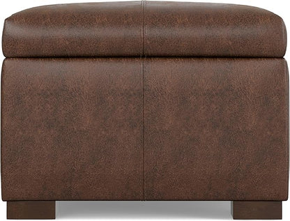 SIMPLIHOME Gabbie 48 inch Wide Contemporary Rectangle Rectangular Storage Ottoman in Distressed Chestnut Brown Vegan Faux Leather, Assembled, For the Living Room, Entryway and Family Room