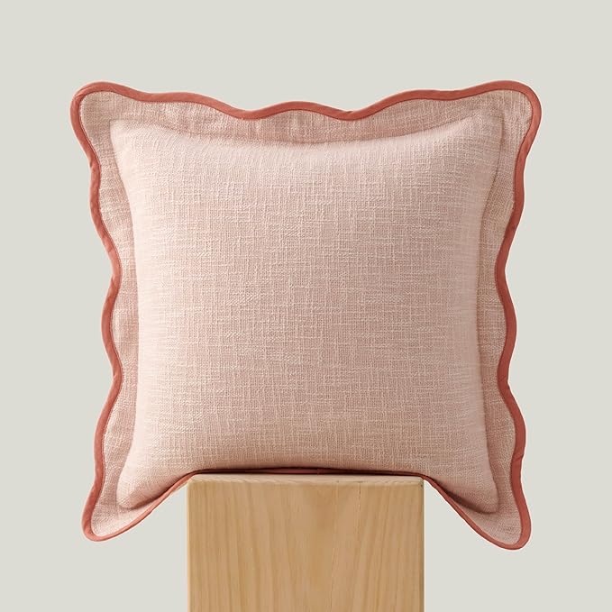 Double Stitch Scalloped Throw Pillow Covers - 100% Cotton Decorative Boho Pillow Covers 18 x 18, Made in India, Square Cushion Case, Modern Home Decor for Couch Sofa Living Room, Shell Pink