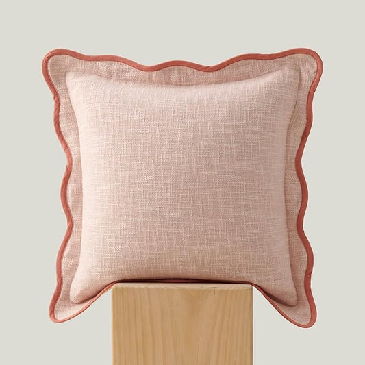 Double Stitch Scalloped Throw Pillow Covers - 100% Cotton Decorative Boho Pillow Covers 18 x 18, Made in India, Square Cushion Case, Modern Home Decor for Couch Sofa Living Room, Shell Pink