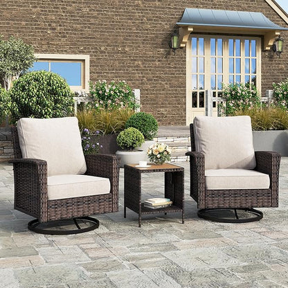HERA'S HOUSE 3 Pieces Patio Bistro Set, High Back Swivel Wicker Chairs with Rattan Side Table, Outdoor Chairs Set with 5.5" Thick Cushions, Patio Furniture for Bistro Deck Porch Pool, Brown/Beige