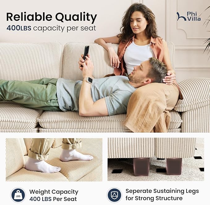 PHI VILLA Cloud Modular Couches Sets, 2 Pieces Sectional Sofa Set with Loveseat, 3-Seater Comfy Couch for Living Room Apartment, Corduroy Fabric, Beige