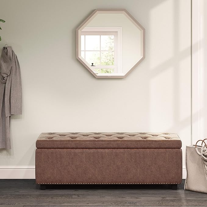 SIMPLIHOME Hamilton 48 inch Wide Transitional Rectangle Storage Ottoman in Distressed Umber Brown Vegan Faux Leather, Assembled, For the Living Room, Entryway and Family Room