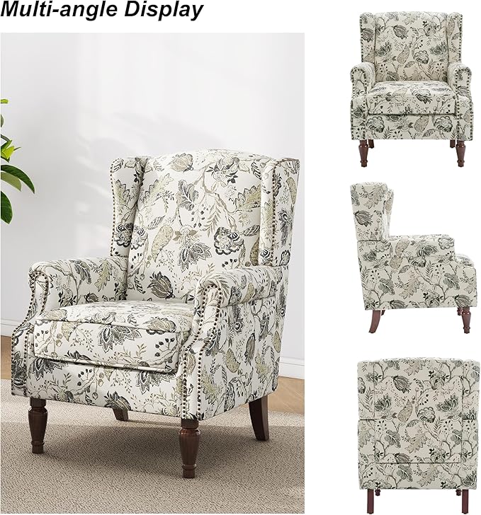 Accent Chair, Upholstered High Back Floral Armchair with Nailhead Trim & Wood Legs, Comfy Wingback Reading Single Sofa Chair for Small Spaces, Living Room, Bedroom ( Plants Beige Floral, Set of 1)