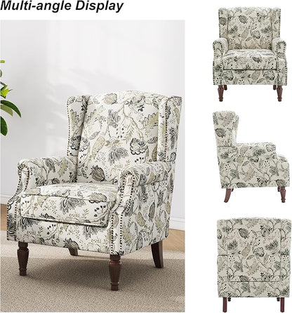 Accent Chair, Upholstered High Back Floral Armchair with Nailhead Trim & Wood Legs, Comfy Wingback Reading Single Sofa Chair for Small Spaces, Living Room, Bedroom ( Plants Beige Floral, Set of 1)