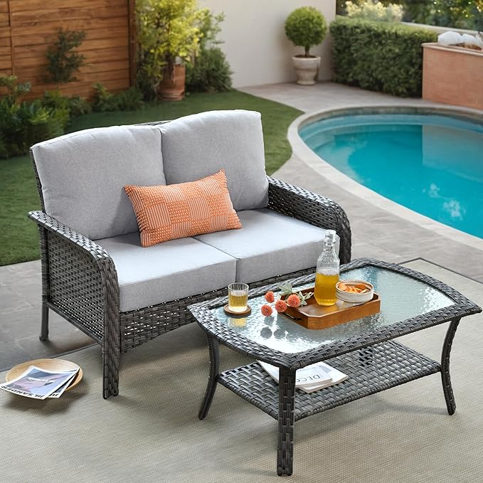 2 Pieces Wicker Patio Furniture Loveseat with Table - Outdoor Rattan Patio Bistro Set of 2,All-Weather PE Wicker Conversation Sofa High Back Deep Seating for Deck Porch Yard, Light Grey