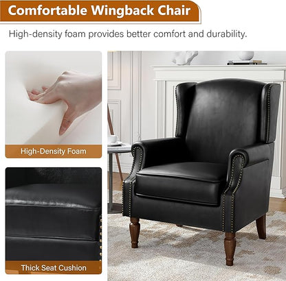 Faux Leather Wingback Accent Chairs Set of 2, High Back Upholstered Armchair, Comfy Fabric Wingback Arms Chairs with Solid Wood Legs, Single Sofa Reading Chair for Bedroom Living Room, Black