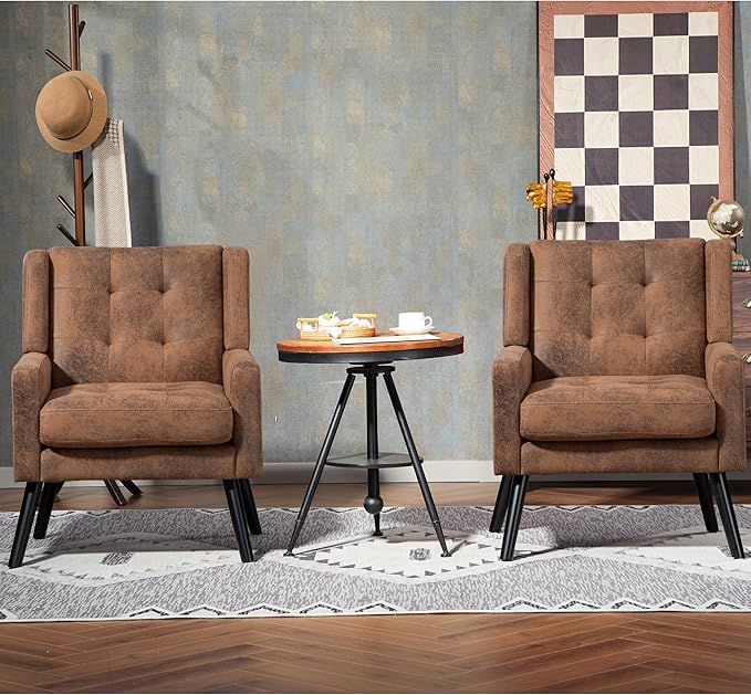 Mid-Century Modern Accent Chair Set of 2, Plush Suede Fabric with Button Tufted High Back & 5" Thick Cushion, High Comfort Reading Chair for Living Room, Bedroom, Office (Brown)