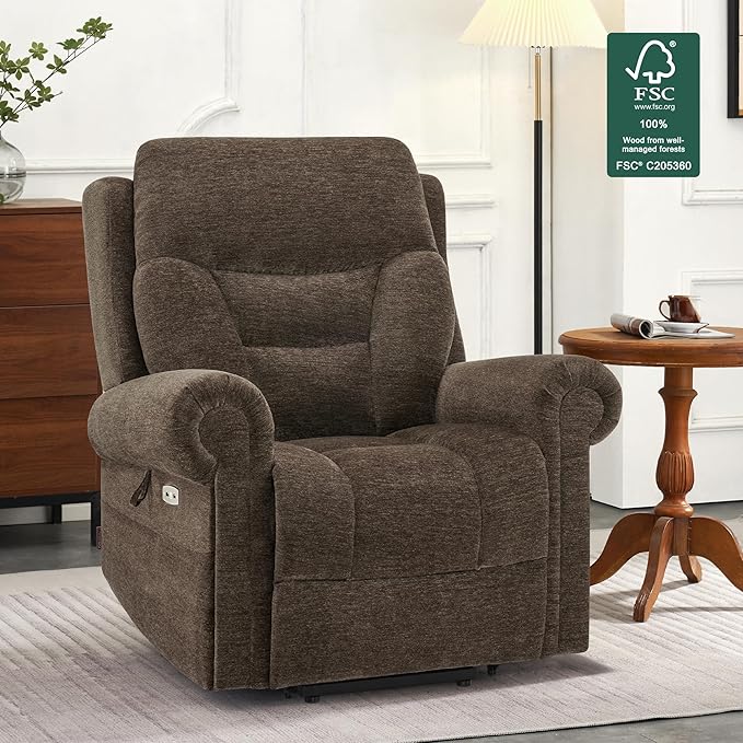 MCombo Triple Motor Power Lift Recliner Chair with Massage and Lumbar&seat Heating, Rolled Arms, Adjustable Headrest for Elderly People, Fabric 7888 (Coffee, Medium)