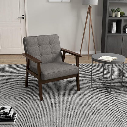 KCC Mid-Century Modern Linen Fabric Accent Chair Set of 2, Upholstered Tufted Leisure Chair Comfy Reading Side Chairs with Armrest and Solid Wood Frame for Living Room Bedroom Balcony(Gray)