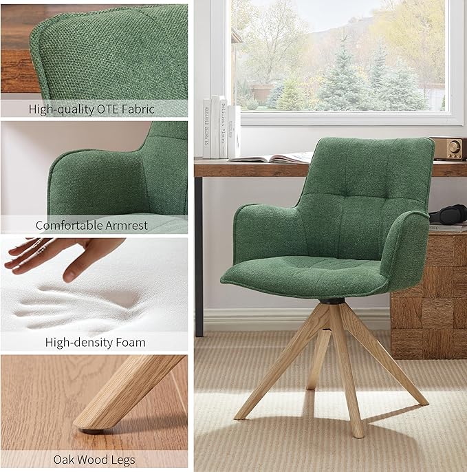 Art Leon Desk Chair Without Wheels - Mid Century Modern Swivel Office Chair, Fabric Upholstered Accent Chair with Oak Wood Legs for Small Space Living Room Bedroom, Set of 2, Green
