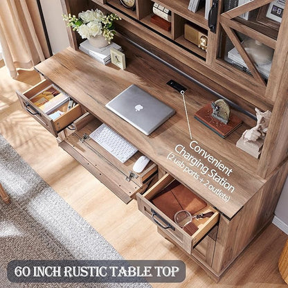 RedLemon 60" Farmhouse Desk with Hutch, Wood Home Office Executive Desk with Drawer, Charging Station, Keyboard Tray, File Drawer, Storage Cabinet, Rustic Writing Computer Desk (Natural Oak)