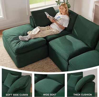 112" Cloud Sectional Couch, Boneless Couches for Living Room, U Shaped Couch with Convertible Ottoman, Modular Sectional Sofa with Deep Seat, Comfy Soft Cushions, No Assembly, Green