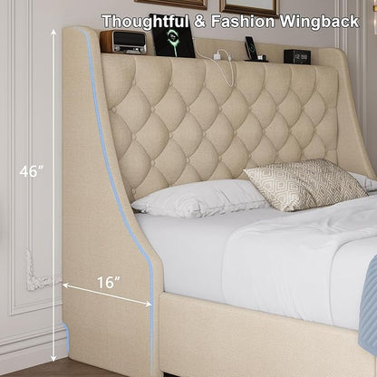 Full Size Upholstered Platform Bed Frame with 4 Storage Drawers and Charging Station, Linen Button Tufted Wingback Headboard, Sturdy Wooden Support Slats, No Box Spring Needed, Beige