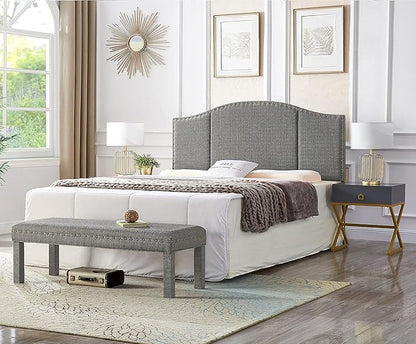 24KF Middle Century Linen Upholstered Tufted King Size Headboard with Antique Brass Nail Heads Trim King/California King headboard-Granite