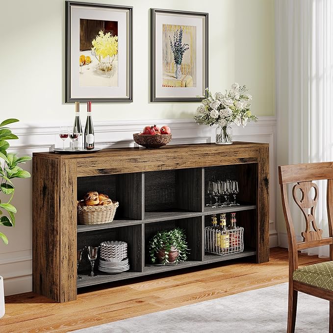 Tribesigns 63-Inch Long Console Table, Rustic Wood Entryway Table with 6 Storage Cubes, Industrial Narrow Sofa Table Behind Couch Table for Living Room, Hallway