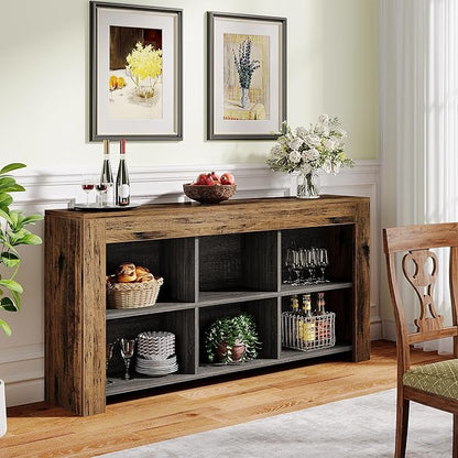 Tribesigns 63-Inch Long Console Table, Rustic Wood Entryway Table with 6 Storage Cubes, Industrial Narrow Sofa Table Behind Couch Table for Living Room, Hallway