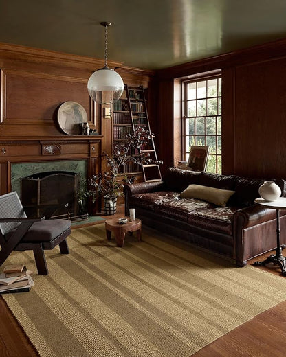 Loloi Leanne Ford Weatherstaff Collection WTS-03 Natural/Olive 2'-6" x 7'-6" Runner Rug Jute, Striped, Neutral, Hallway, Kitchen, Mudroom, and Bathroom