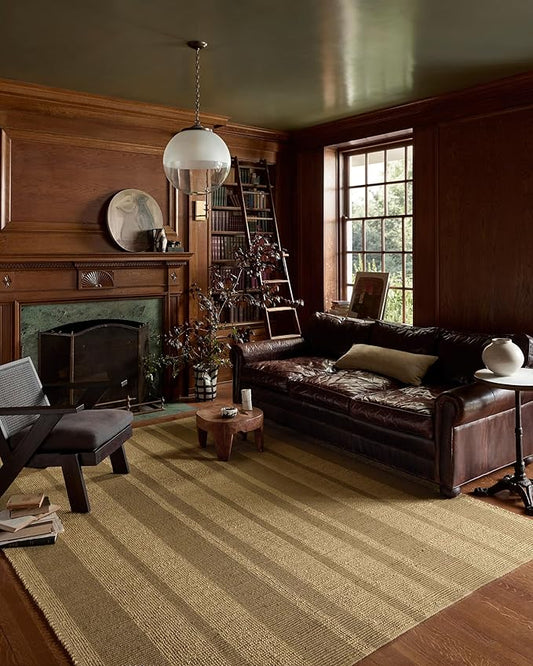 Loloi Leanne Ford Weatherstaff Collection WTS-03 Natural/Olive 2'-6" x 7'-6" Runner Rug Jute, Striped, Neutral, Hallway, Kitchen, Mudroom, and Bathroom
